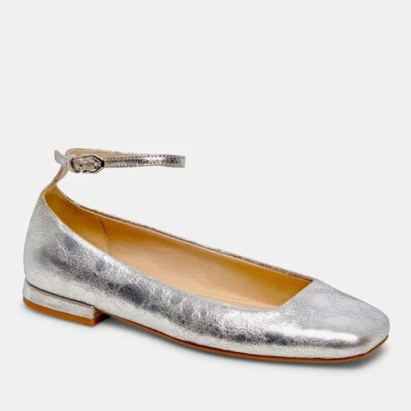 NEW DOLCE VITA Leather Ashya Ankle Strap Flats in silver for women 825 3j2 - Picture 2 of 11